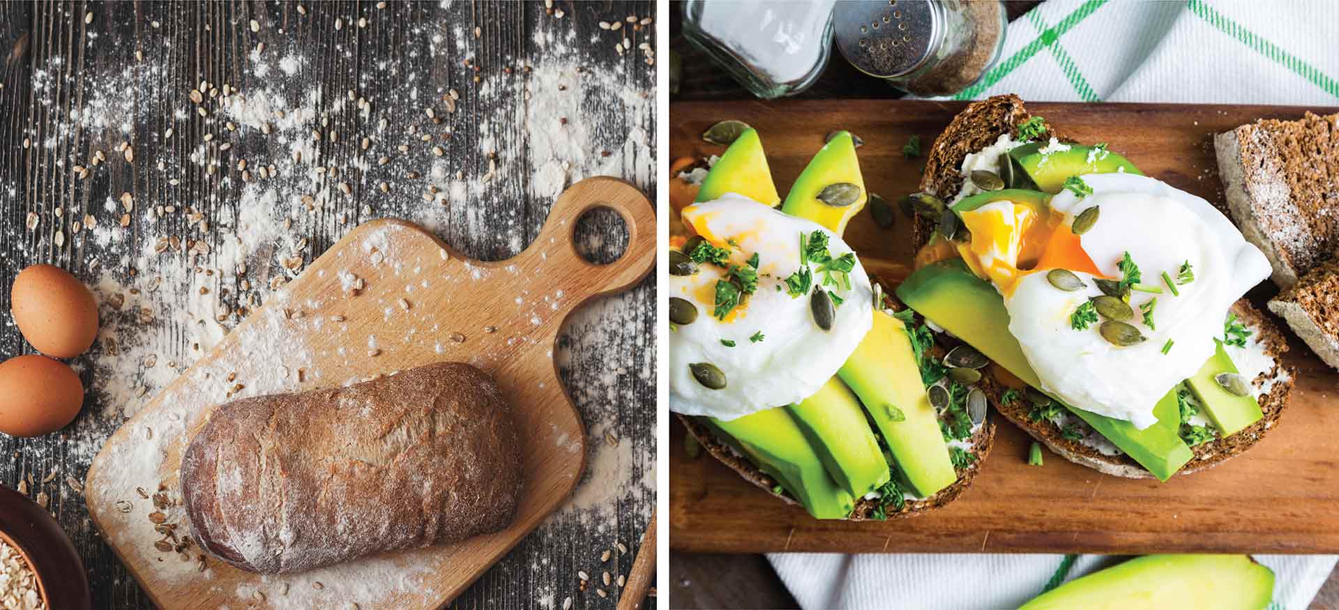 Banner Imagem de uma tabua de Pão Low Carb pronto para consumo, Imagem de fatias de pão com cortes de abacates e ovos