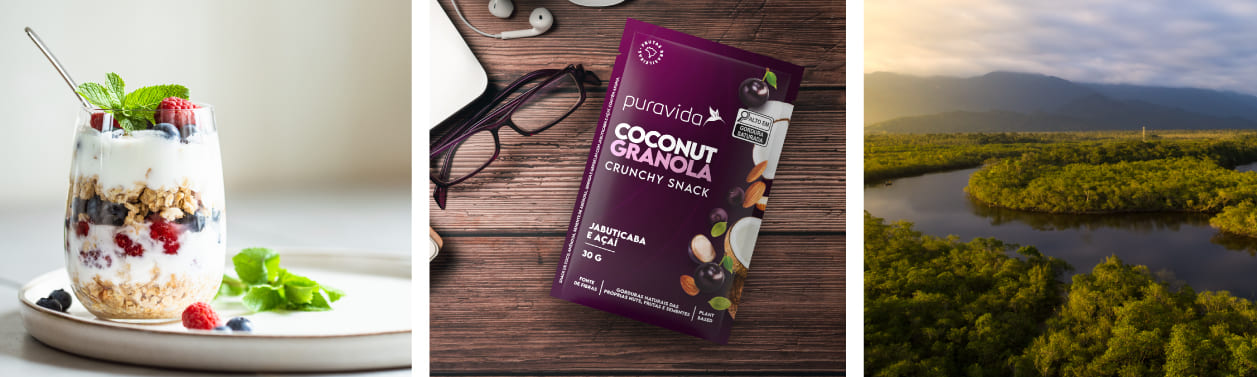 Banner Imagem de uma sobremesa de iogurte com Coconut Granola Jabuticaba e frutas vermelhas, Imagem do produto Coconut Granola Jabuticaba e imagem de um rio da Amazônia visto por cima